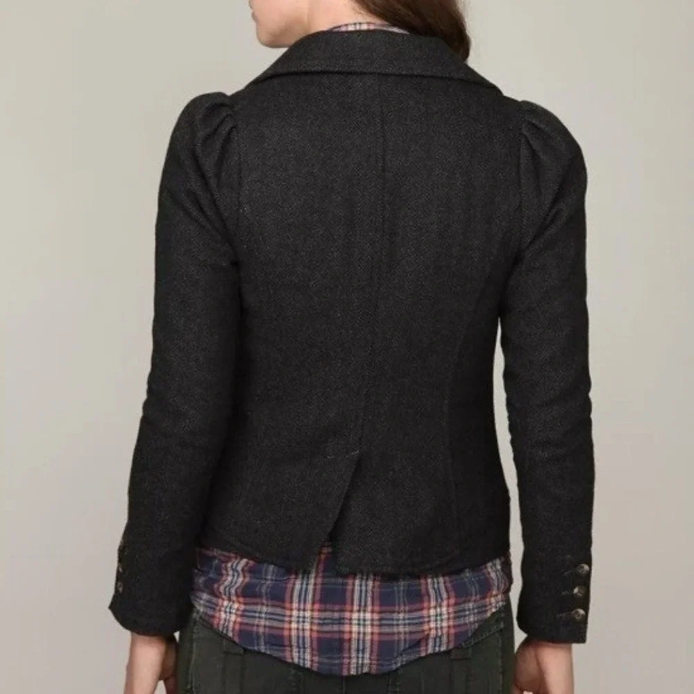 Free People Herringbone Puff Shoulder Blazer Jacket Charcoal Grey Size 6